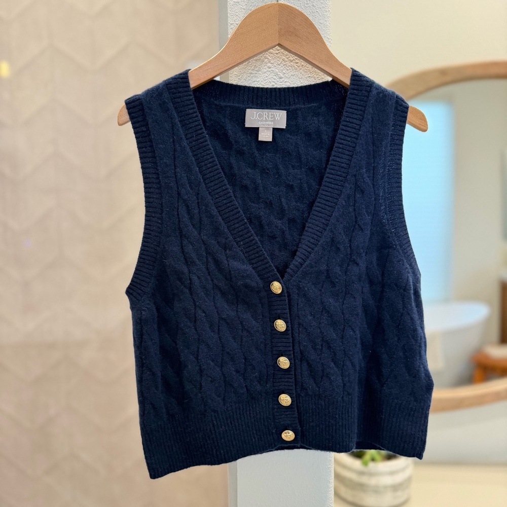 J. Crew Navy Cable-Knit V-Neck Button Front Sweater Vest